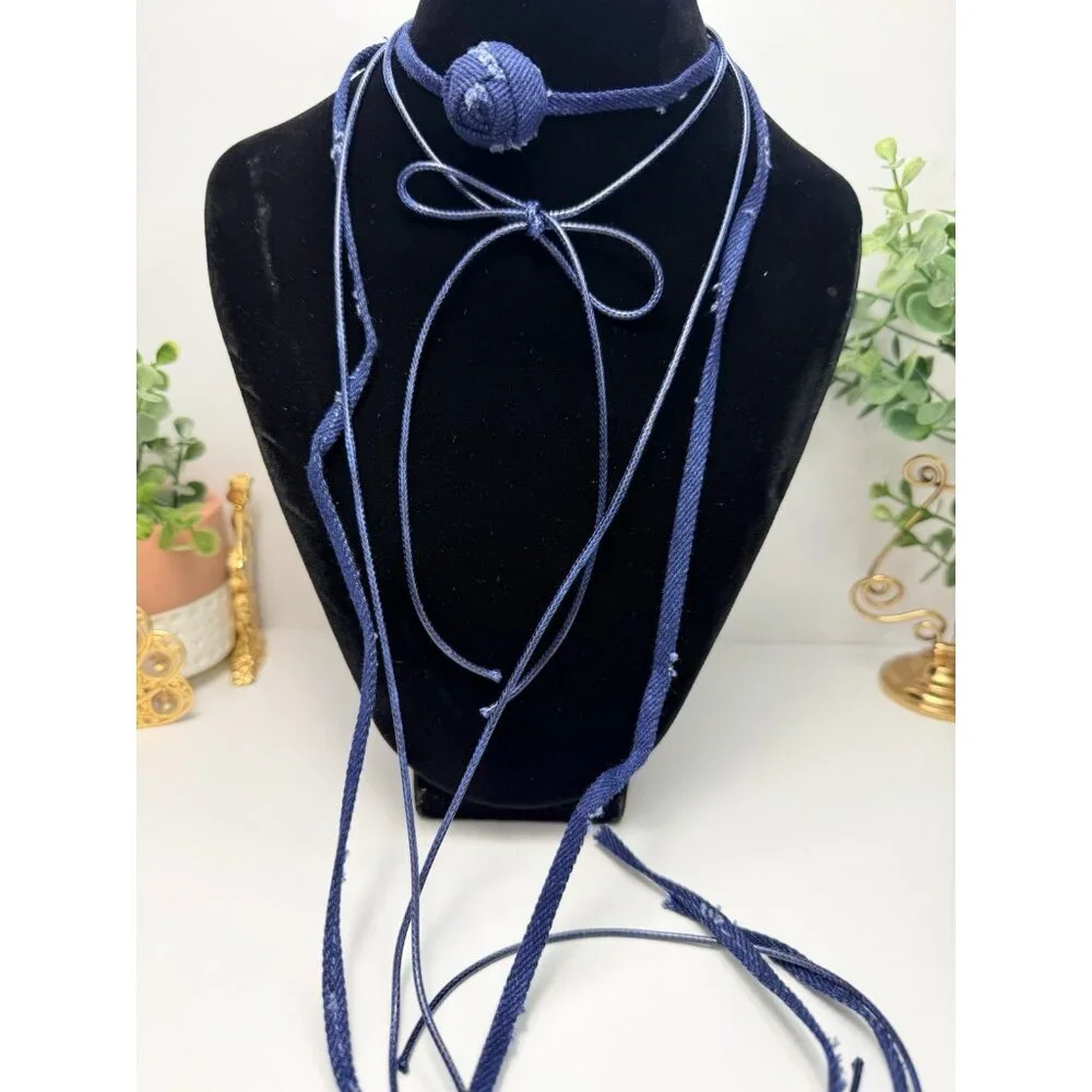 Zara Pack 2 Navy Wrap Choker Long Cord Necklace Adjustable Bow NWOT - Picture 3 of 6